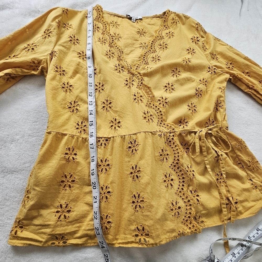 Madewell Scalloped Eyelet Wrap Blouse Mustard Yellow Boho Top - Picture 10 of 15